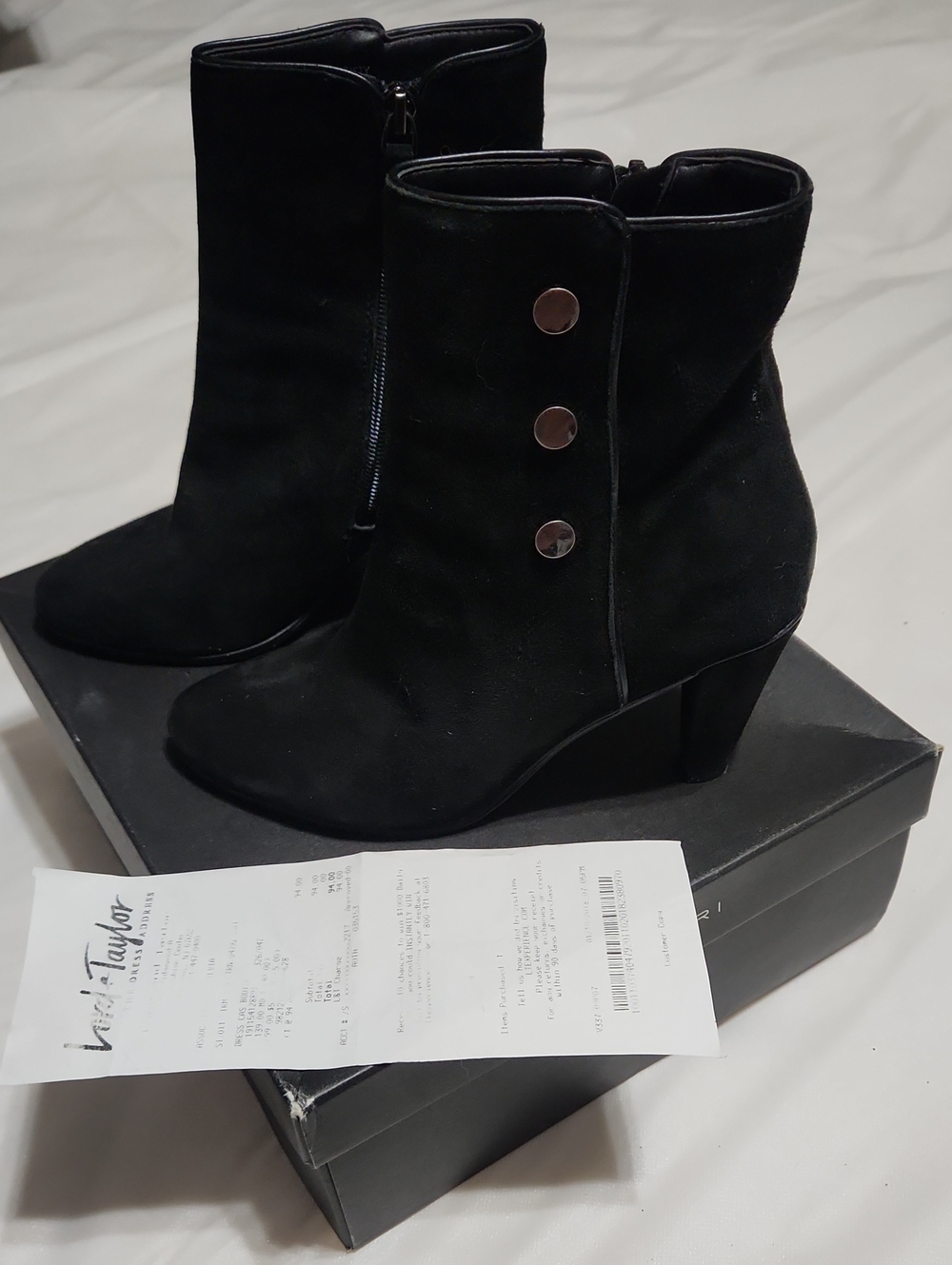 Tahari Black Suede Ankle Booties with Button Detail